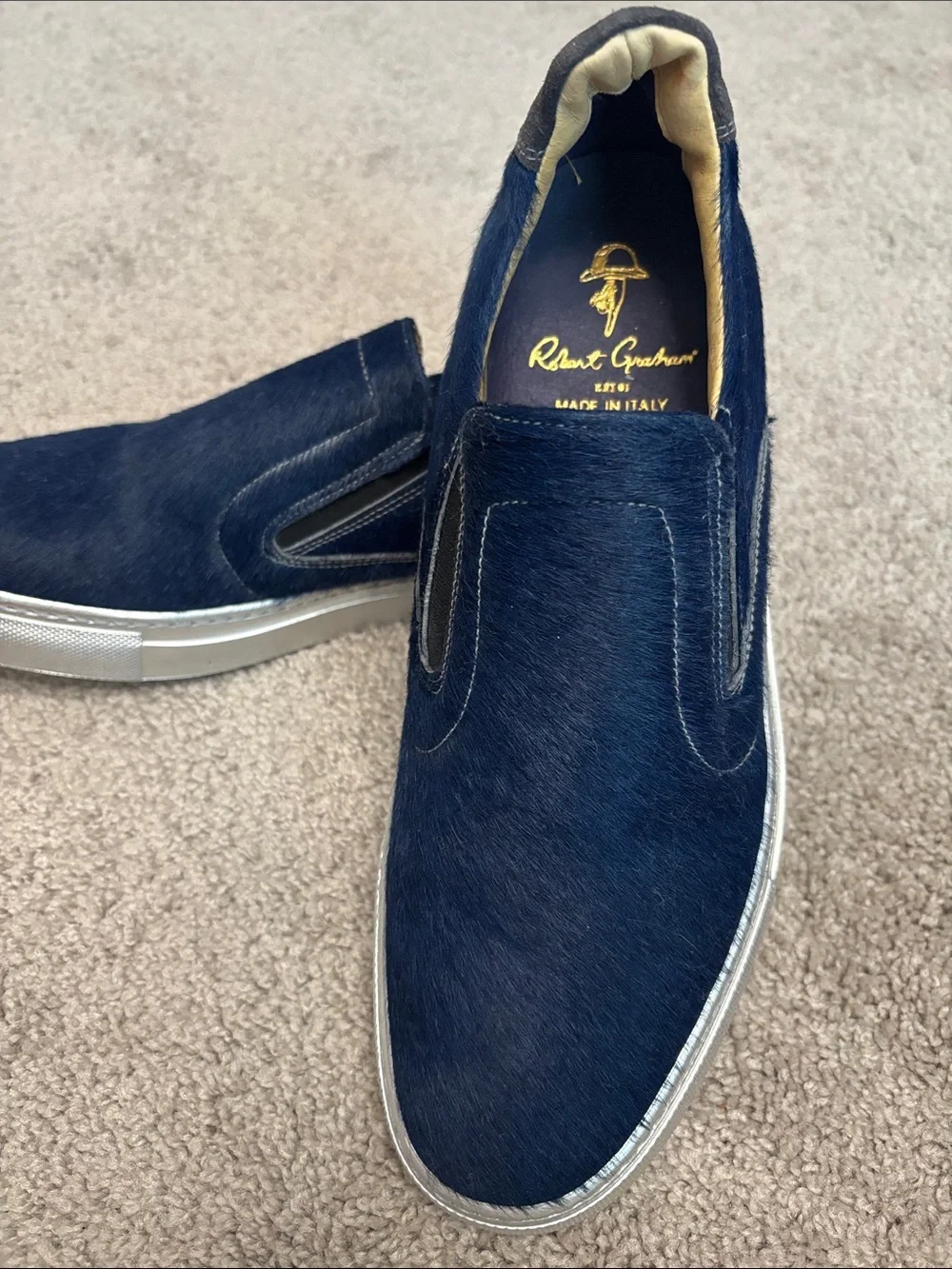 Robert Graham Men’s Navy Leather Calf Hair Slip-On Loafers Shoes Never Worn 9.5